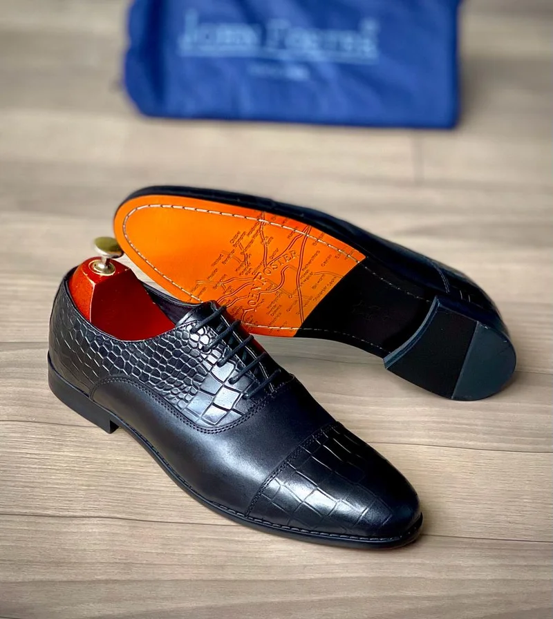Black Premium Leather Shoes Quality Men John Foster Lace Up