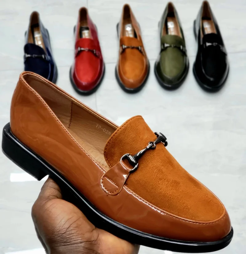 Brown Wet Look Fashion Suede Leather Ladies Official Loafer Shoes