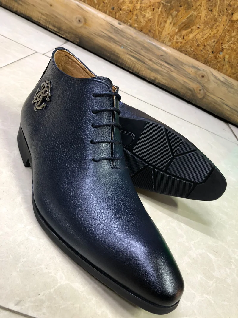 John Foster Men Lace Up Men High Top Leather Shoes Blue Boots