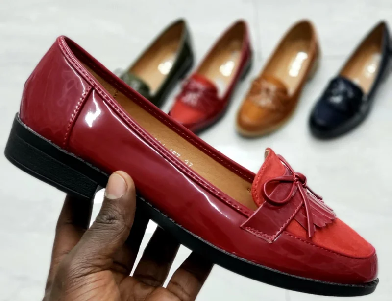 Maroon Wet Look Fashion Kiltie Leather Ladies Official Loafer Shoes