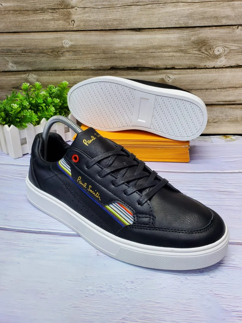 Paul Smith Men's Black Leather Low-Top Sneakers with Striped Detail