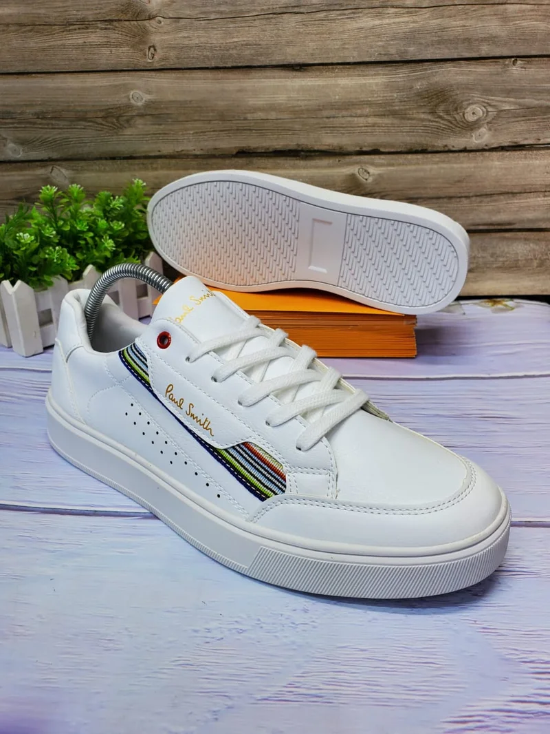 Paul Smith Men's White Leather Low-Top Sneakers with Striped Detail