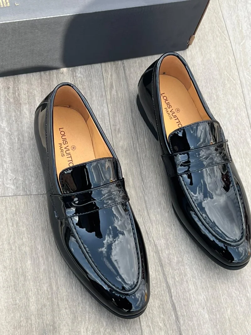 Slipon Black Louis Vuitton Wet Look Leather Quality Official Shoes