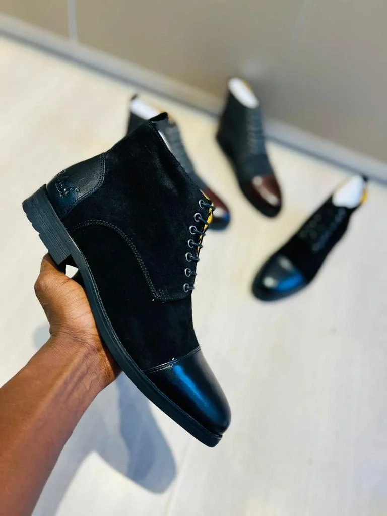 Black Boludi Mens Casual Classic High Top Classic Leather Boots