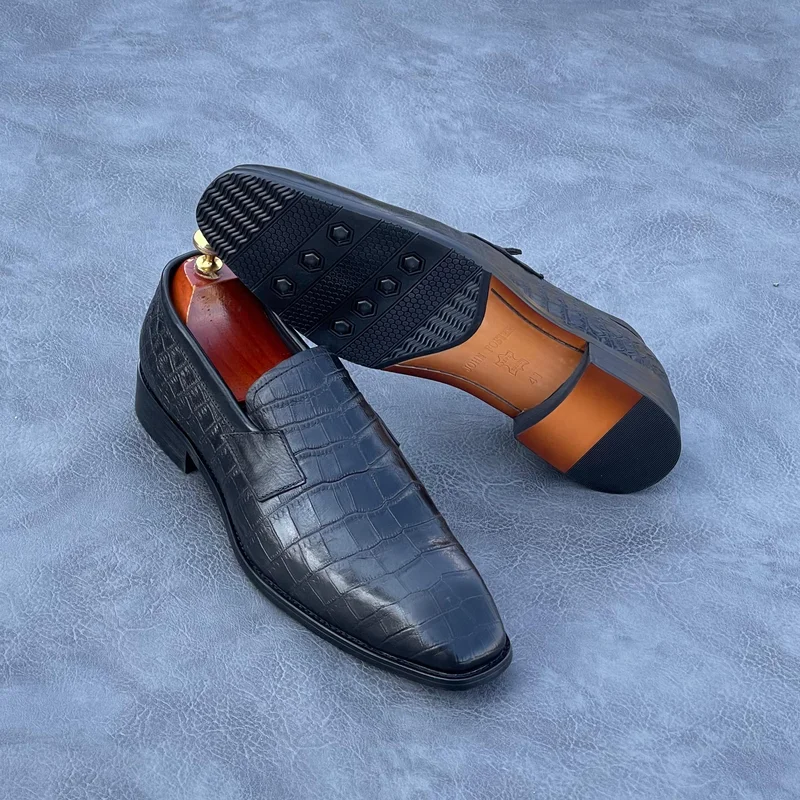 Black Leather John Foster Official Mens shoe-Slip-On Design.