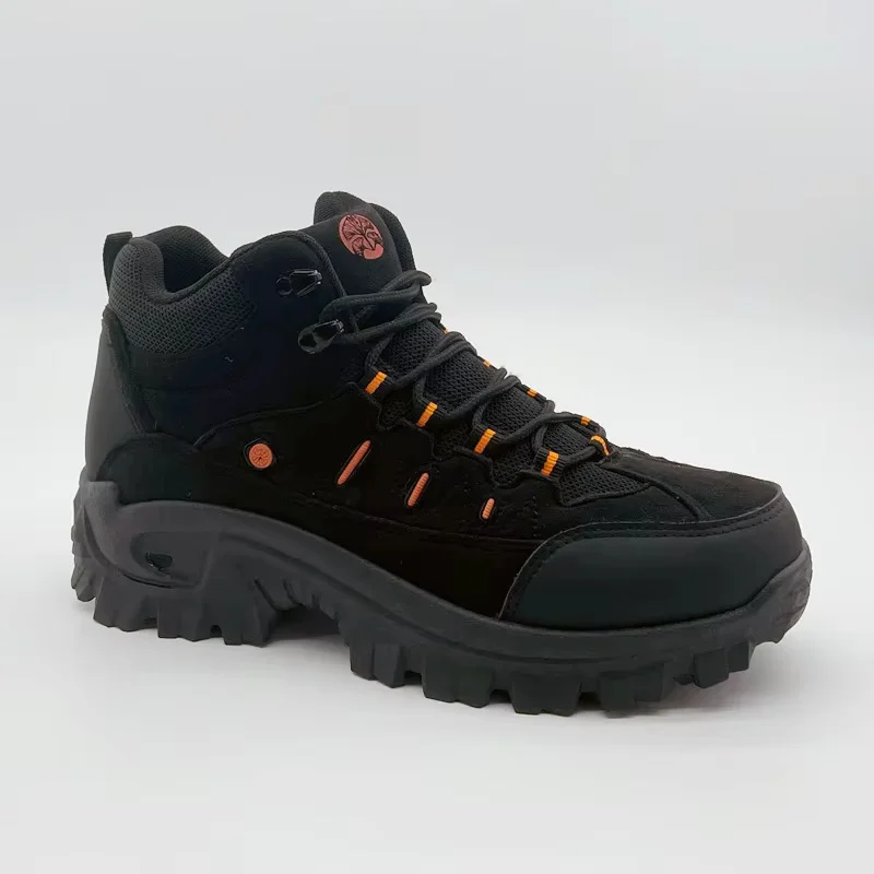 Black Waterproof Hiking Boots with Orange Accents, Rugged Tread, and Breathable