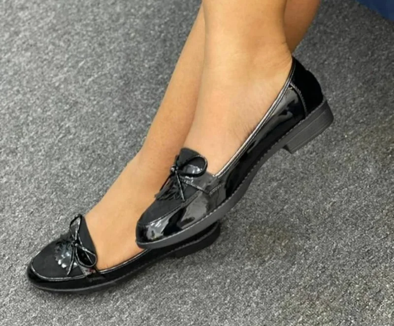 Black Wet Look Fashion Ladies Official Loafer Shoes