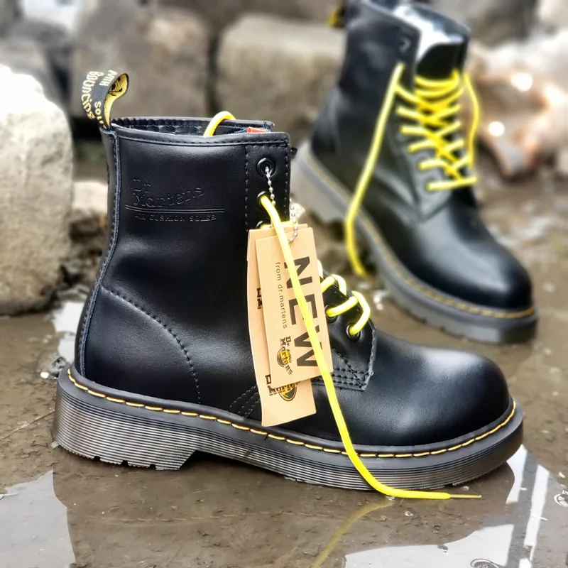 Black Yellow Laces Ankle Platform Dr Martin Boots Women Chunky