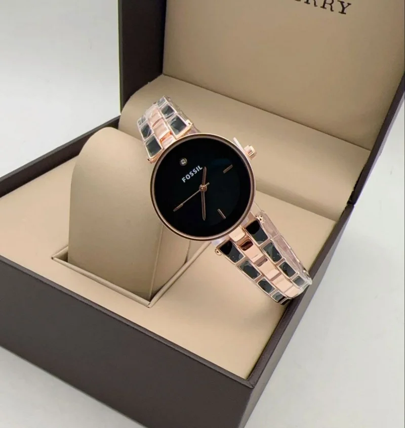 BLACK-PINKISH GOLD WOMEN FOSSIL WATCH.