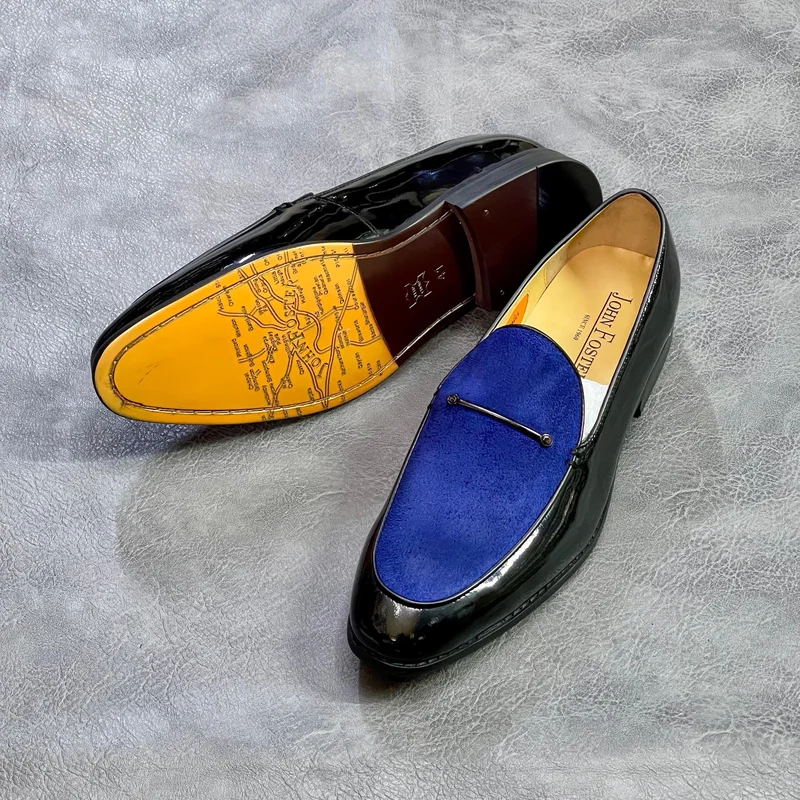 Blue Suede Loafer with Black Patent Leather Trim
