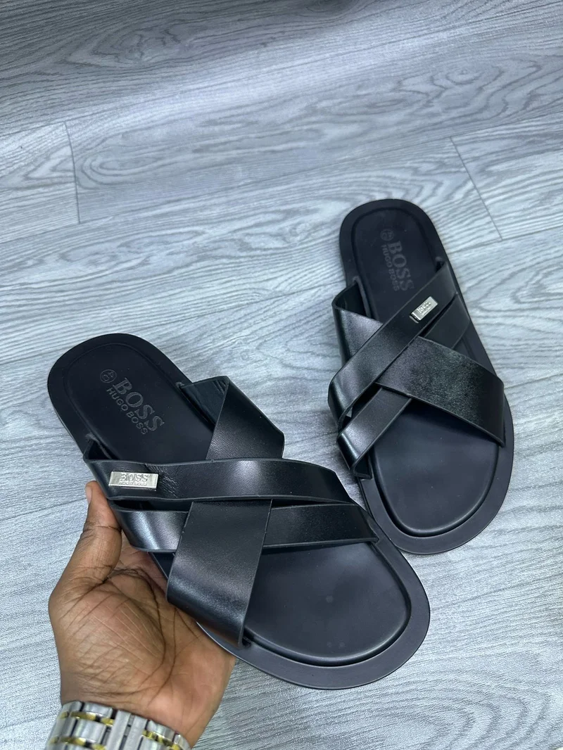 BOSS HUGO CROSSED LEATHER SANDALS
