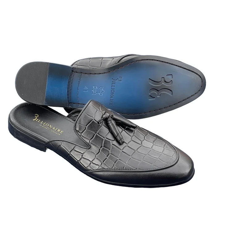 Breathable Men Billionaire Leather Dress Shoes Slip-on Mules-Black
