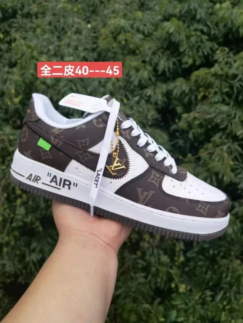 Brown and White Louis Vuitton x Nike Air Force1 Low