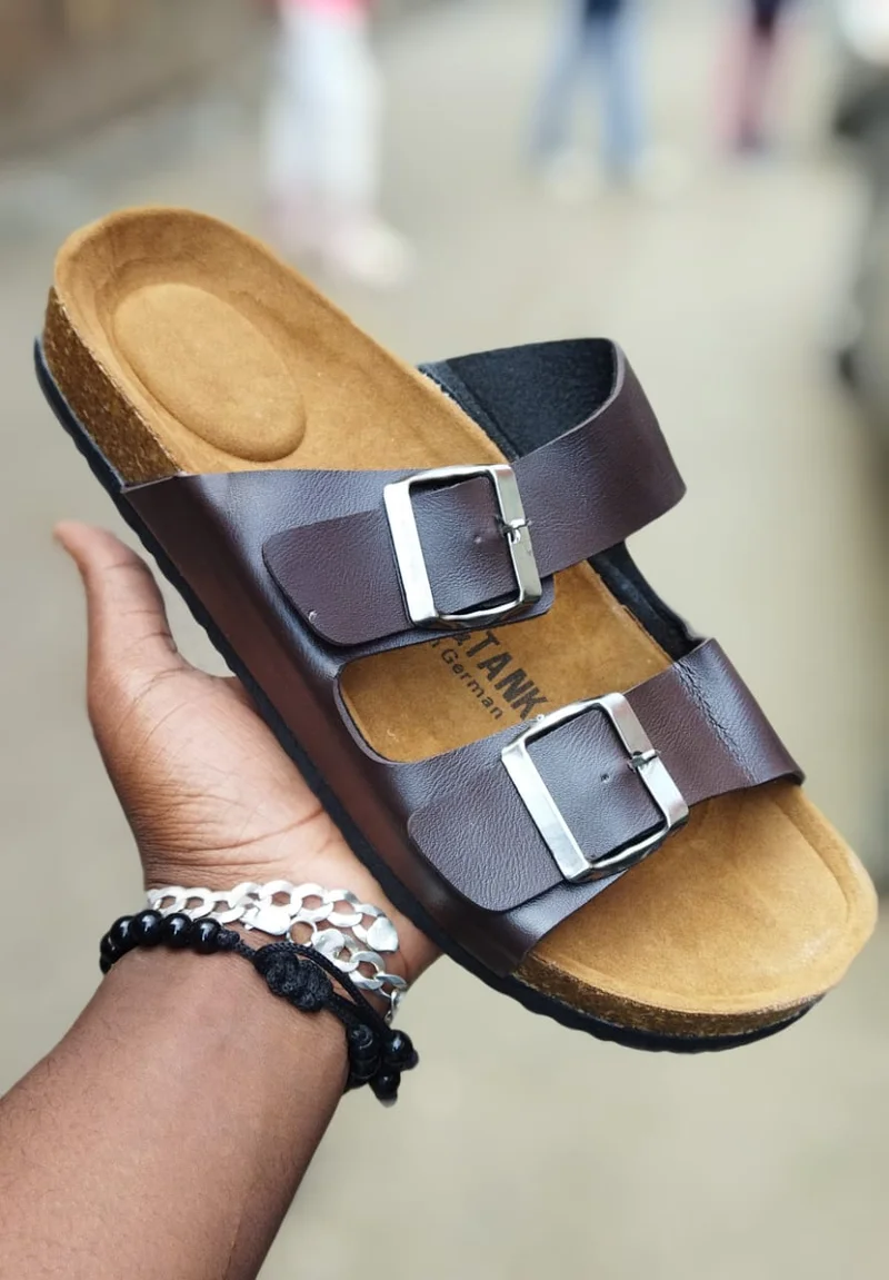 Brown Leather Slides Cork Sandals Double Buckle Open Toe Footbed Sandals