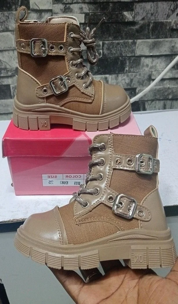 Brown Stylish Kids'Lace Up Ankle Boots with Buckles - Perfect for Fall & Winter