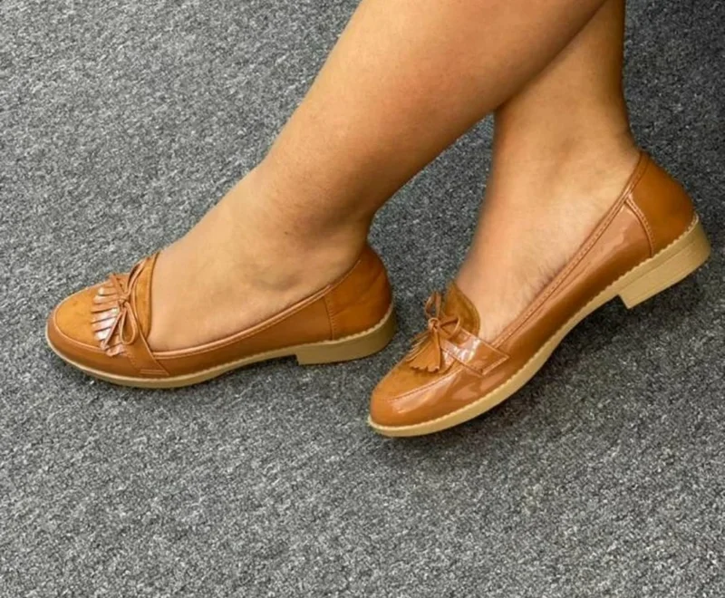 Brown Wet Look Fashion Ladies Official Loafer Shoes