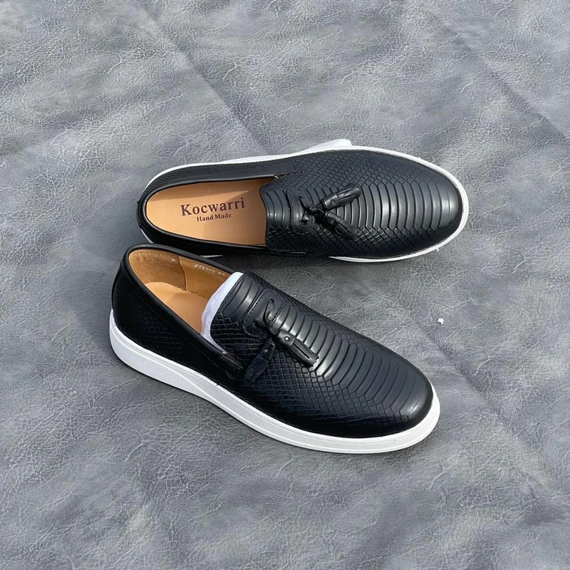 Casual Mens Kocwari Handmade Leather Kiltie Black White Sole Shoes