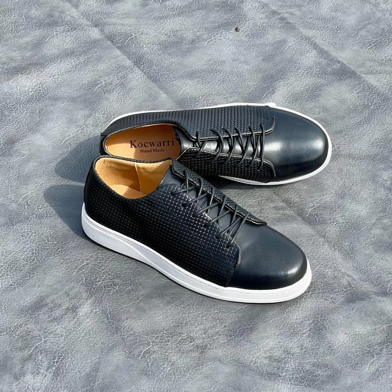 Casual Mens Kocwari Handmade Leather Laced Black White Sole Shoes
