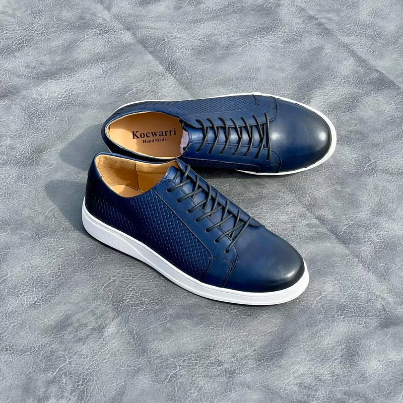 Casual Mens Kocwari Handmade Leather Laced Blue White Sole Shoes