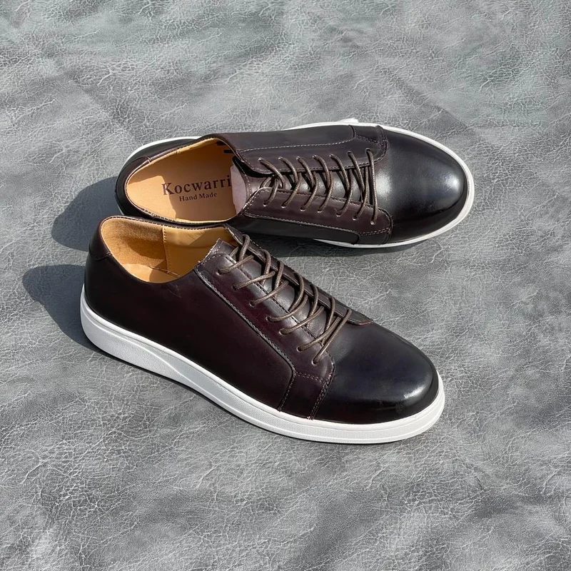 Casual Mens Kocwari Handmade Leather Laced coffee White Sole Shoes