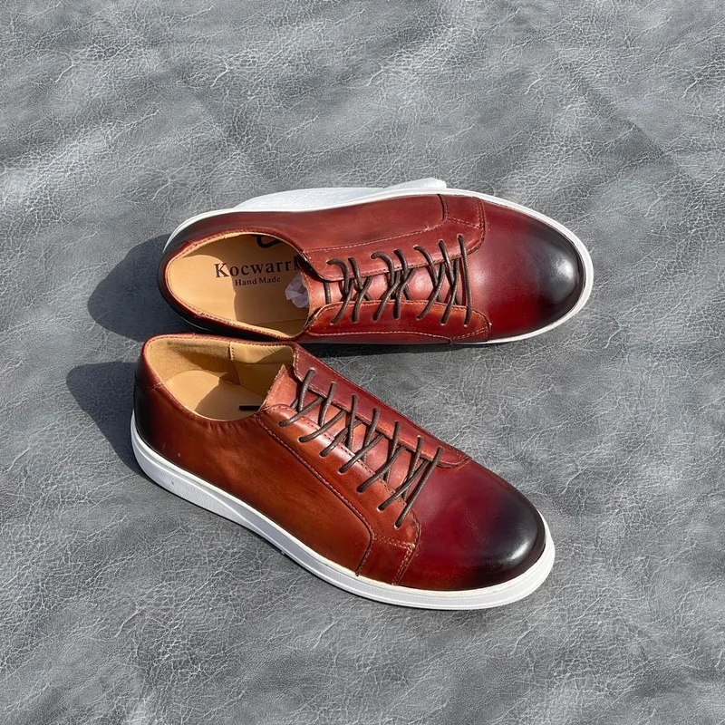 Casual Mens Kocwari Handmade Leather Laced Red Wine White Sole Shoes