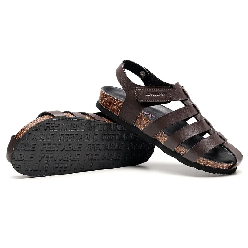 Close Toe  Buckle Ankle Strap Men's Cork Sandals Brown