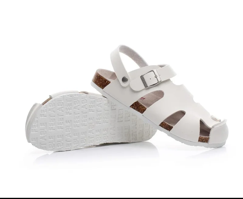Close Toe Belt Buckle Ankle Strap Men's Cork Sandals White