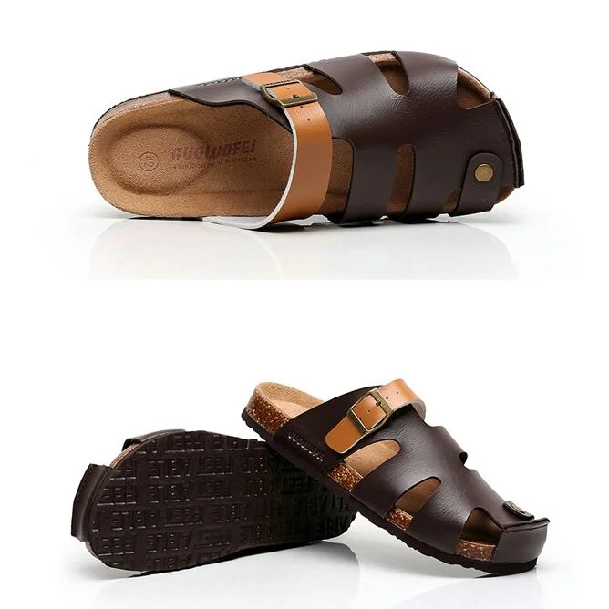 Closed Toe Beach Cork Slides Men Sandals Leather Water Mules Brown