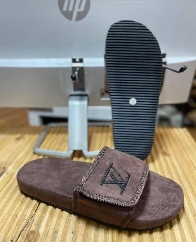 Coffee Velcro Louis Vuitton Leather Unisex Slides