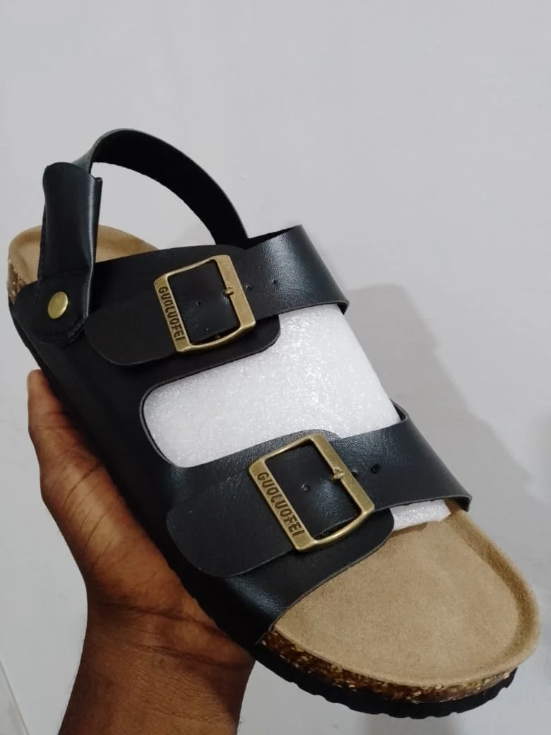 Double Buckle Black Guoluofei Footbed Sandals Adjustable Heel Strap