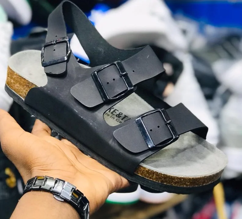 Double Buckle Black Slide Cork Footbed Sandals Adjustable Heel Strap