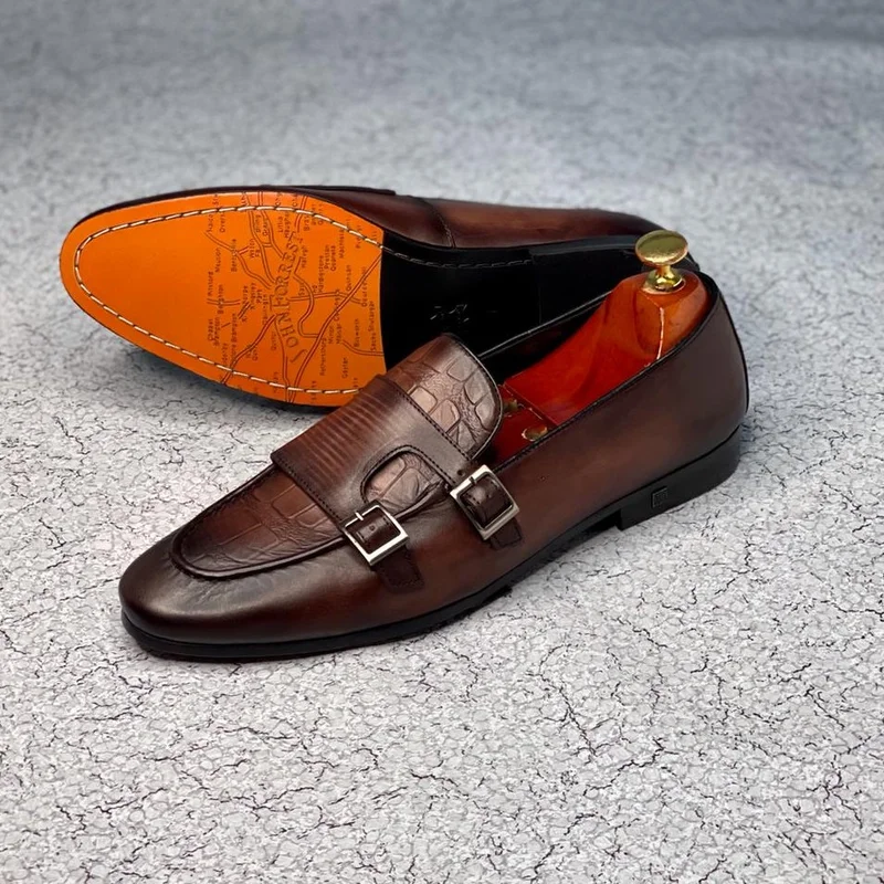 Double Buckle Brown Official Shoes Genuine Leather Monk Shoes for Men