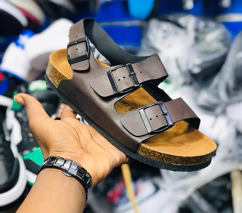 Double Buckle Slide Cork Footbed Brown Sandals Adjustable Heel Strap
