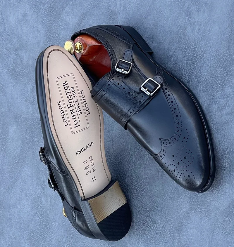 Double Monk JohnFoster Oxford leather mens Shoes-Black..