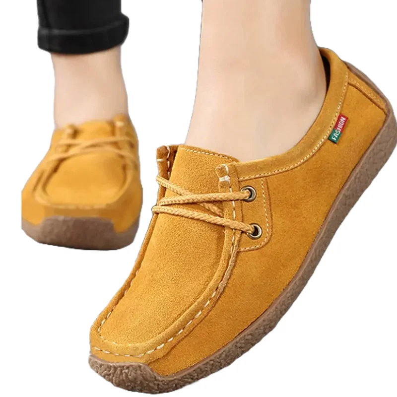 Fashion Women Flats Top Quality Suede Leather Loafers - Brown