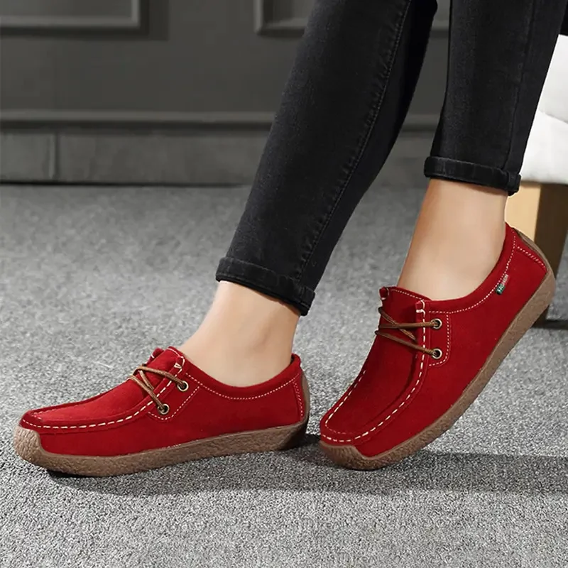 Fashion Women Flats Top Quality Suede Leather Loafers - Wine Red