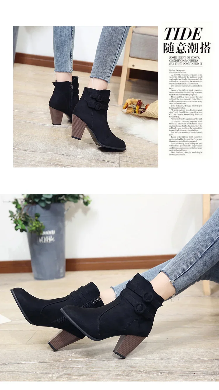Fashion Women’s Ankle Boots Casual Shoes Buckle High Heels Black Ladies