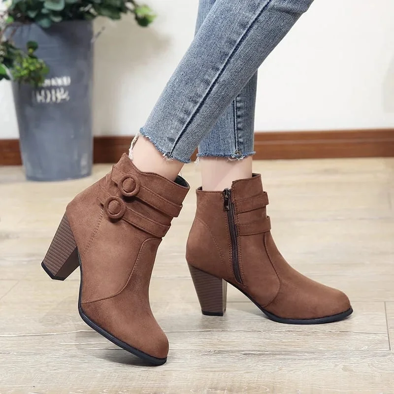 Fashion Women’s Ankle Boots Casual Shoes Buckle High Heels Brown Ladies Zipper