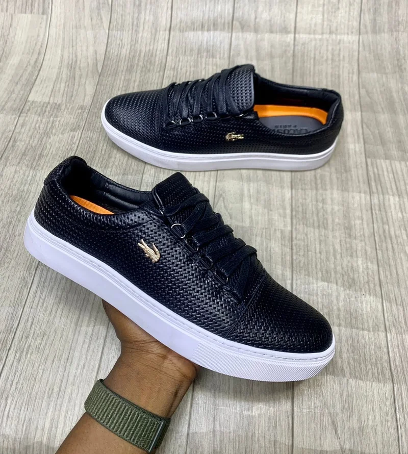 Fashionable Lacoste Quality Leather Men's Sneakers Black Laced Shoes