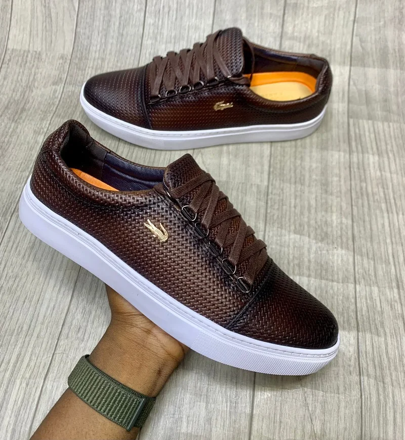 Fashionable Lacoste Quality Leather Men's Sneakers Coffee Laced Shoes