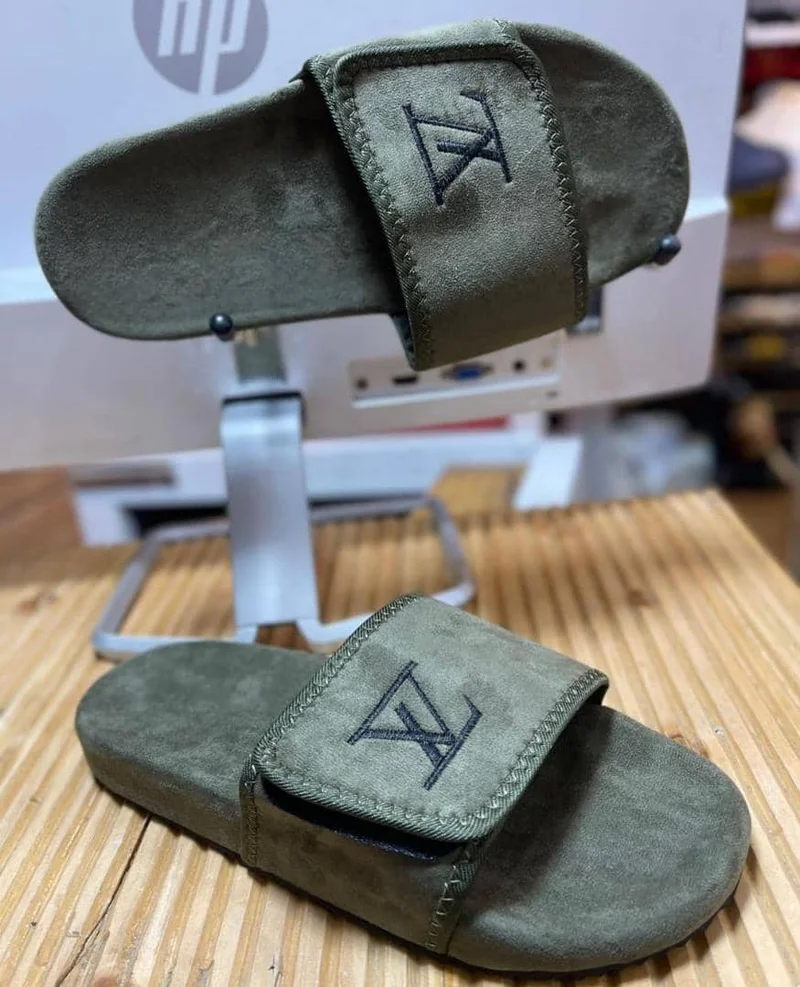 Gray Velcro Louis Vuitton Leather Unisex Slides