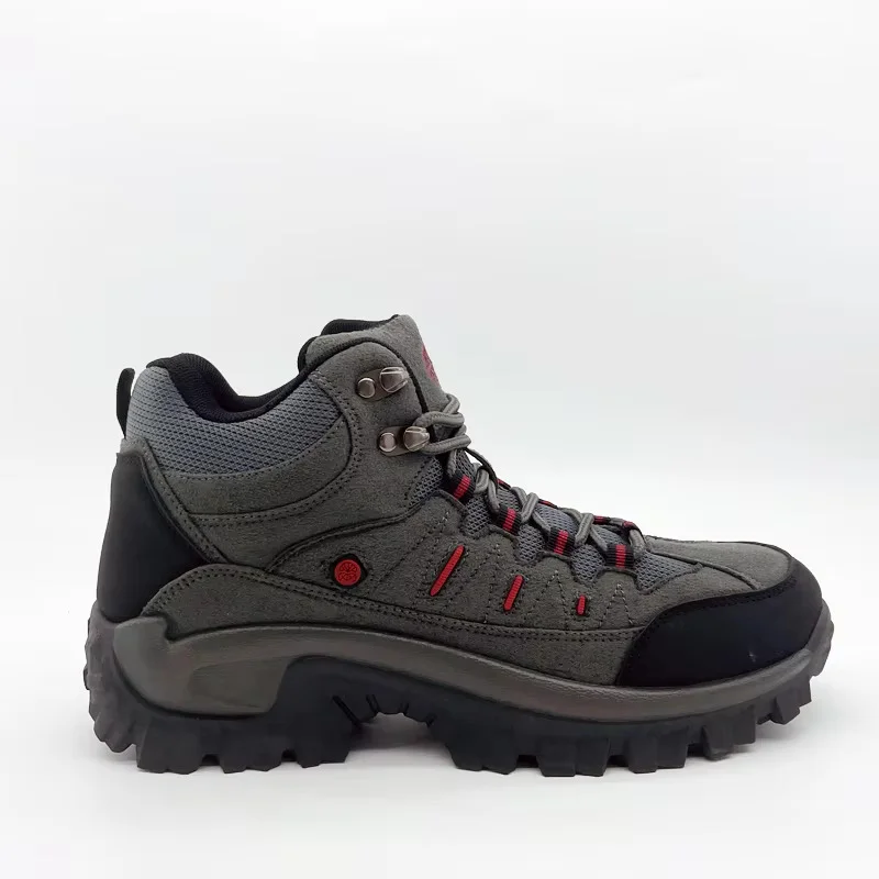 Gray Waterproof Hiking Boots with Orange Accents, Rugged Tread, and Breathable