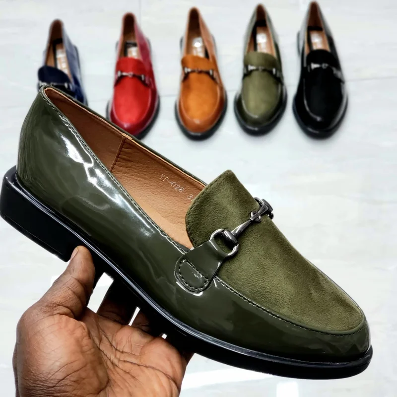 Green Wet Look Fashion Suede Leather Ladies Official Loafer Shoes