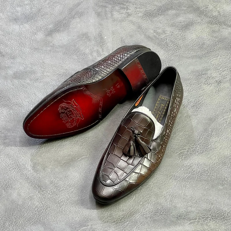 Handmade genuine leather brown crocodile mocassin men's genuine shoes