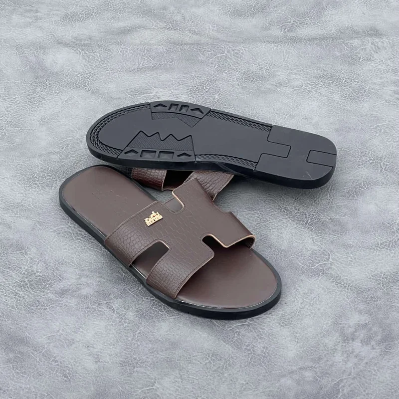 Hermès Chypre Leather Slide Sandals - Coffee