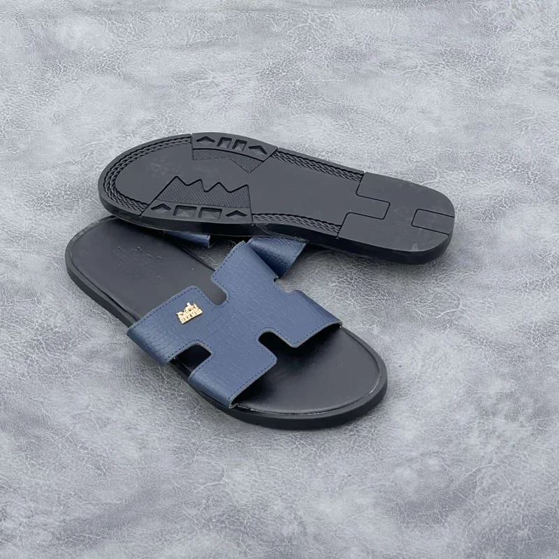 Hermès Chypre Leather Slide Sandals - Navy Blue