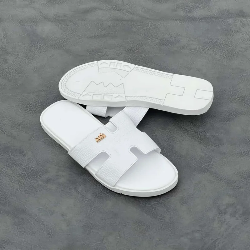 Hermès Chypre Leather Slide Sandals - White
