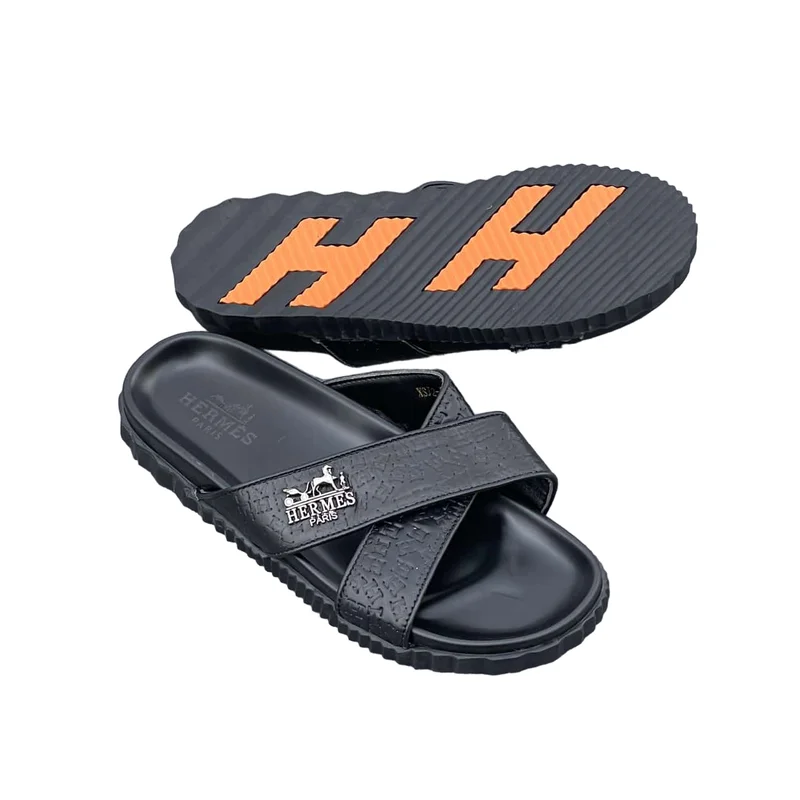 Hermès Slide Sandals - Black with Orange Accents