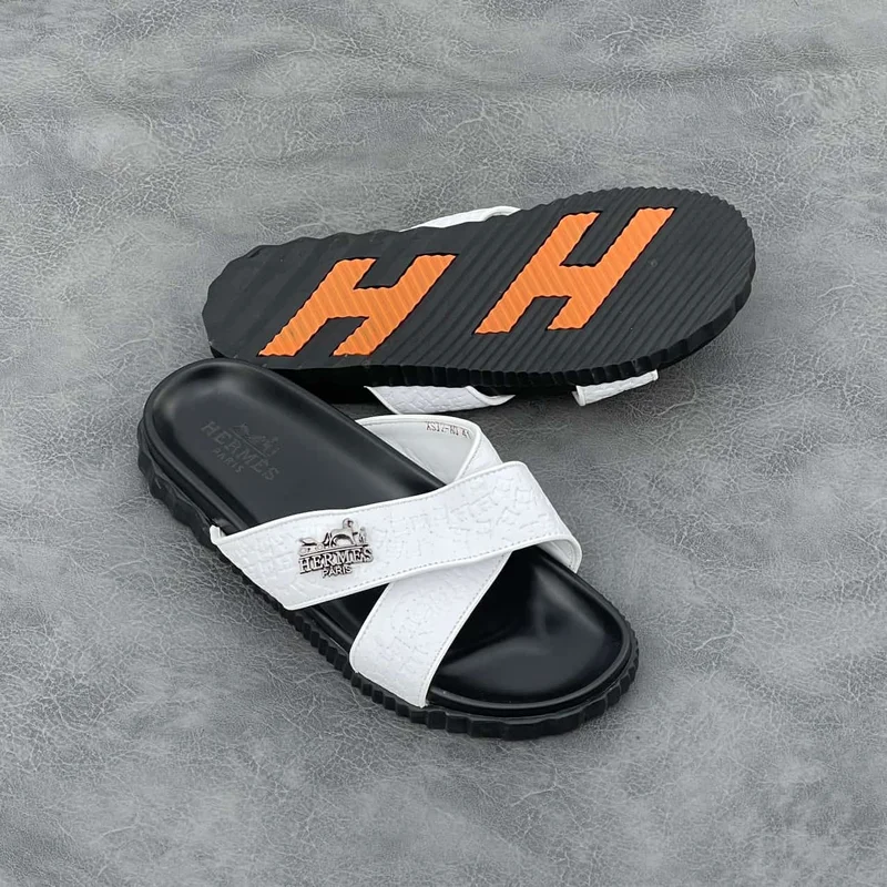 Hermès Slide Sandals – White Black with Orange Accents