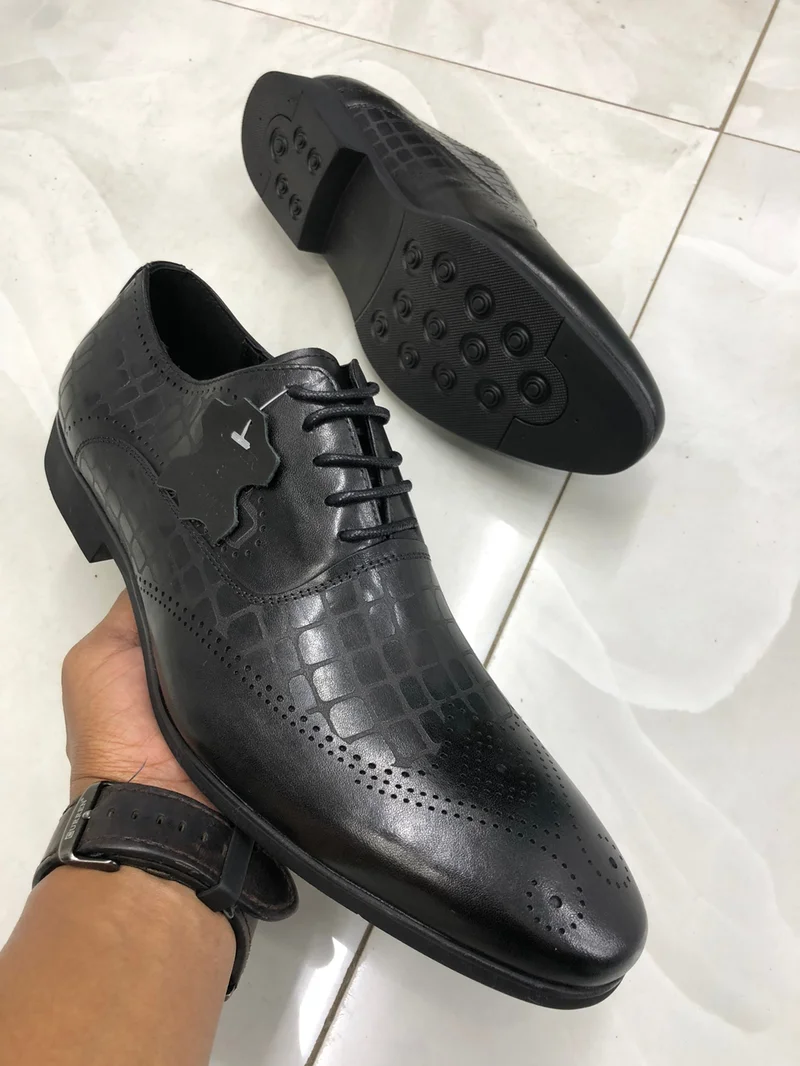 John Foster Laced Quality Premium Leather Black Patterned Official Shoes